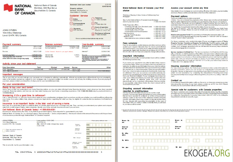 Canada Relevé d'hypothèque bancaire de la Banque Nationale du Canada, 2 pages, 1 , 2 scr